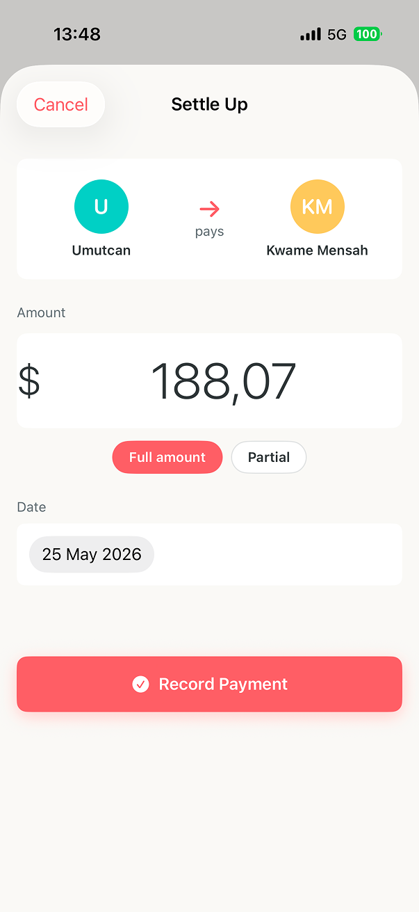 Tabb app screenshot — settle up flow recording a payment